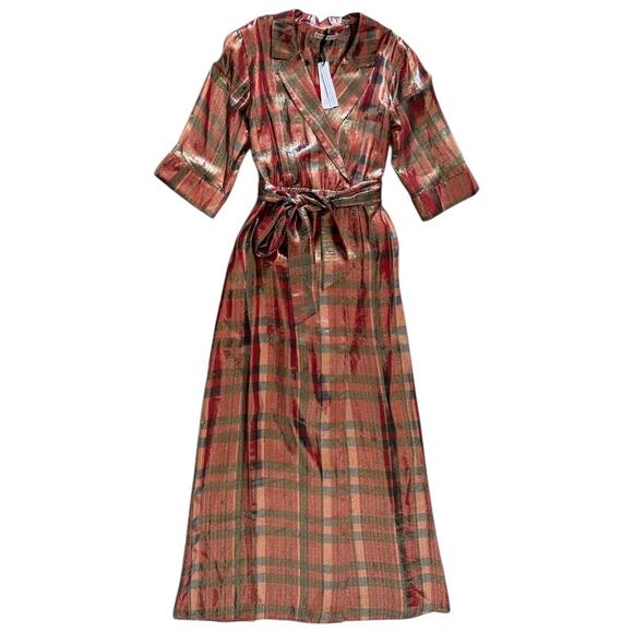 NWT Alice + Olivia Chap Dress Plaid Wrap Metallic Red Tie Waist
Midi Silk Dress - Picture 9 of 10